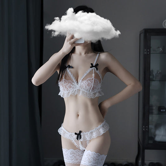 β¨ Playful Pearl Lace Bra Set β Cut-Out Bralette + Cheeky Panty & Garter Straps β¨