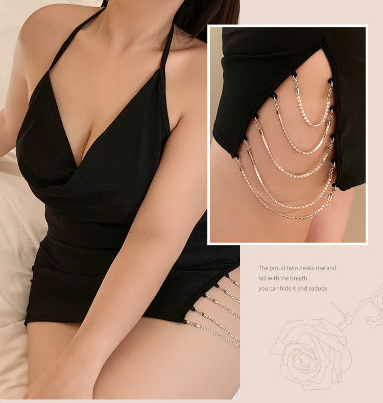 💋Sexy Silk Slip Set – Draped Plunge Neck + Backless Design + High-Leg Slit💋