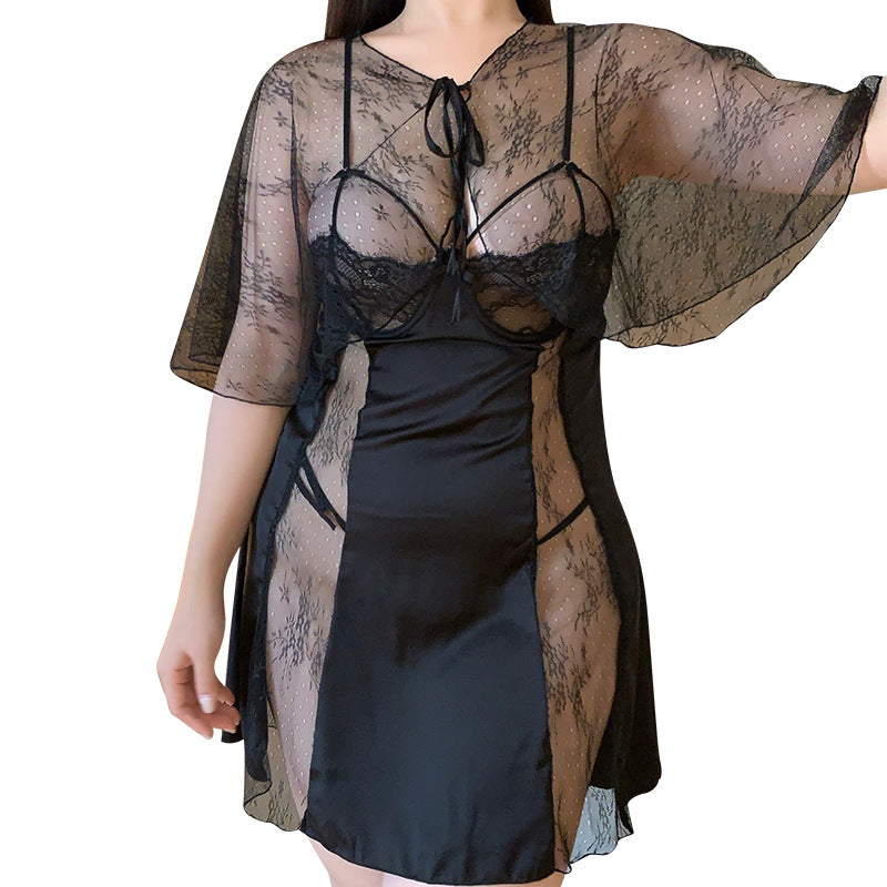 情趣內衣鋼圈脫胸睡衣套裝 Provocative Underwire Cut-Out Lingerie Set: Robe + Slip Dress & Panty